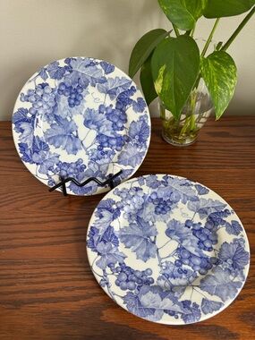 3 Quadrifoglio Ceramica La Primula Blue White Grapes Leaves 8” Salad Plates